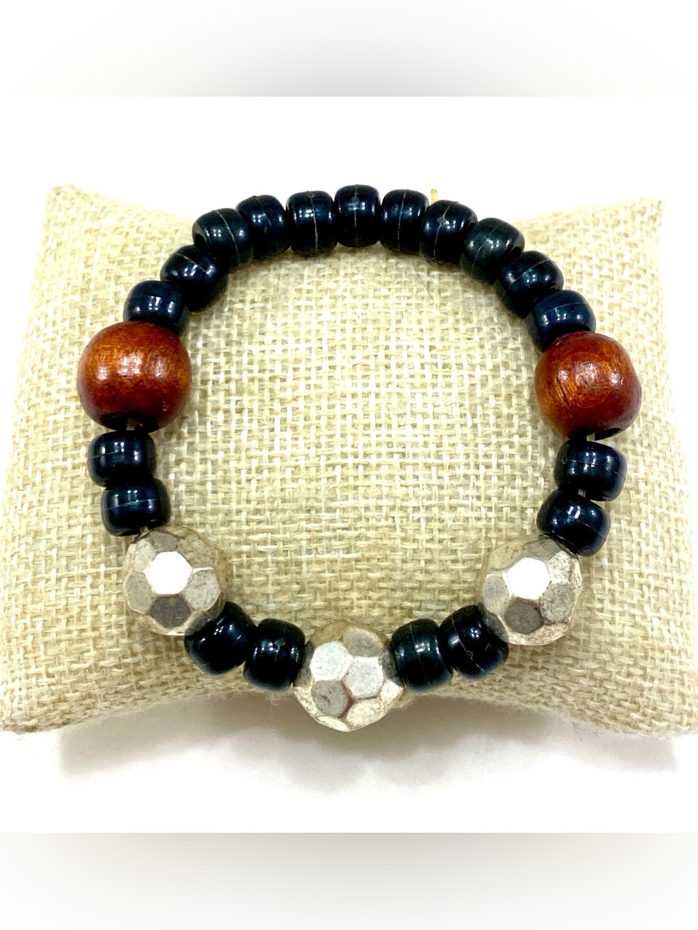 Vintage Black Wood Bead Hammered Silver Nugget Natural Stretch Bracelet NWOT